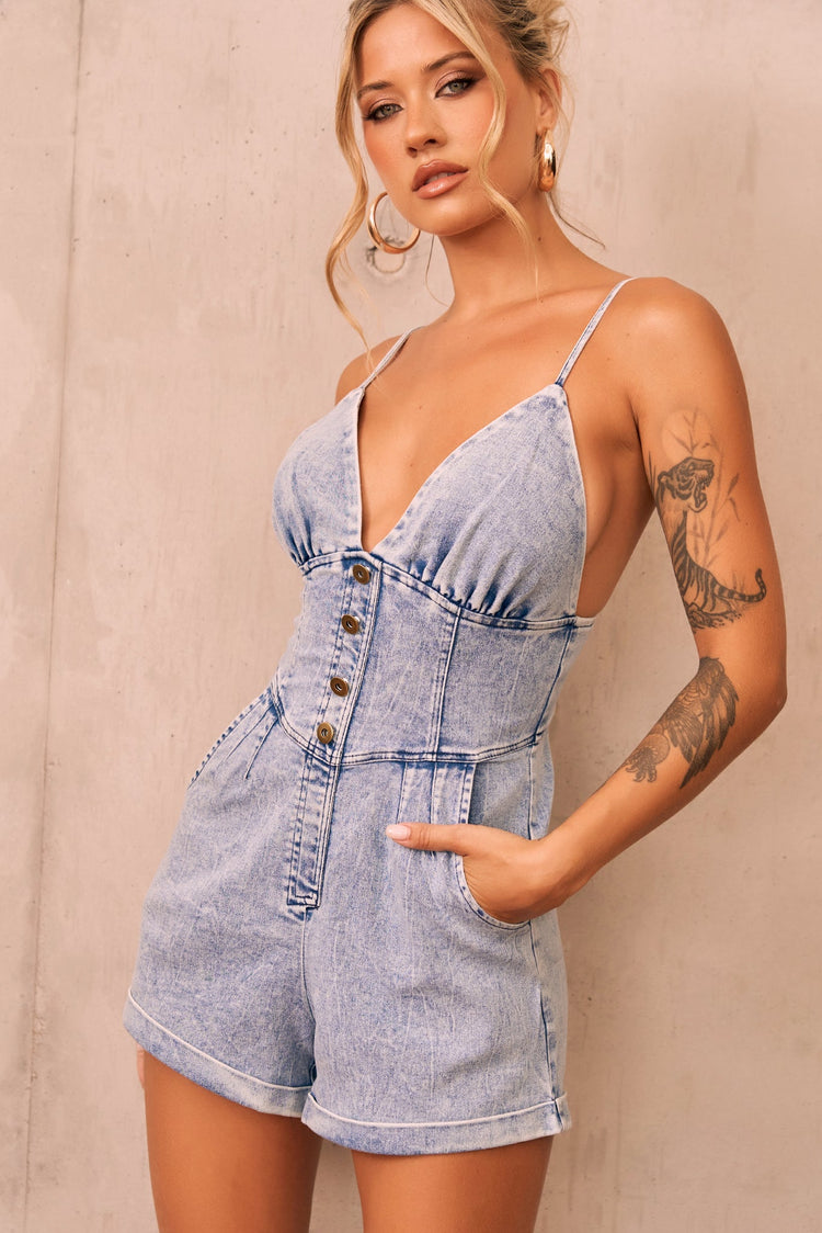 Cup Of Love Denim Playsuit - Washed Blue for women