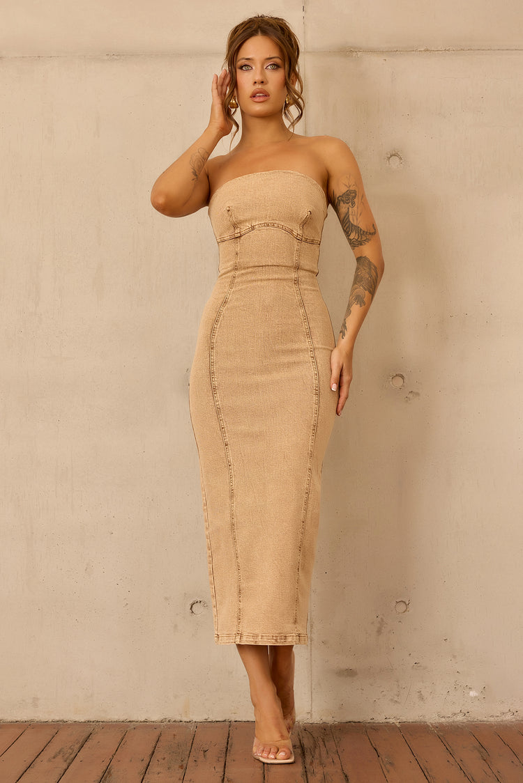 Curve Appeal Denim Midi Dress - Tan for women