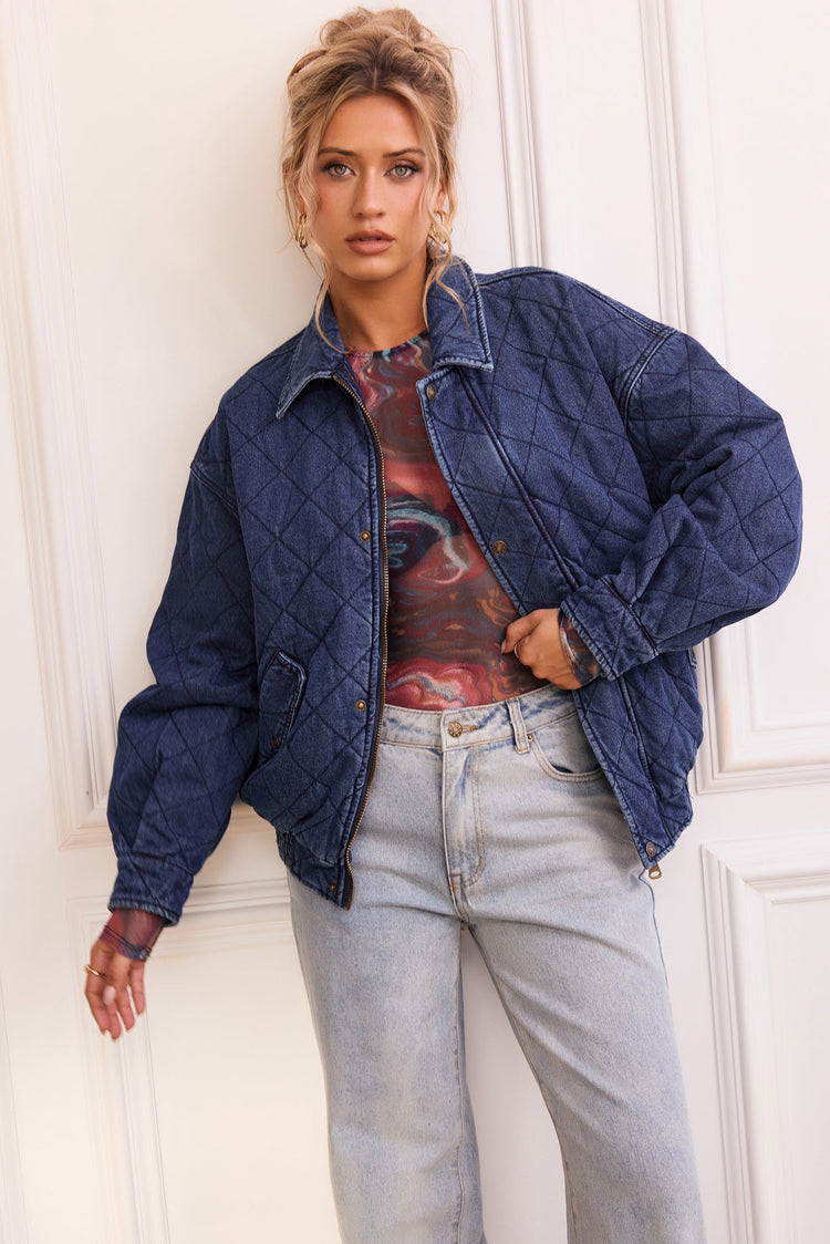 Dream Big Quilted Denim Jacket - Dark Blue for women