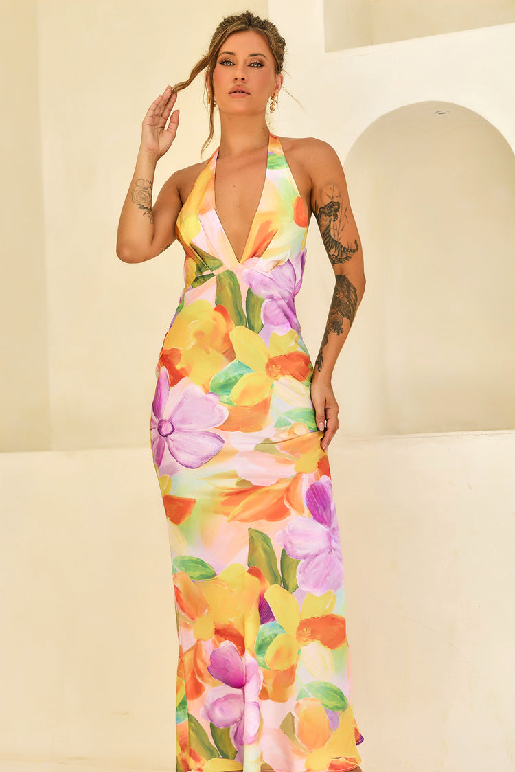 Dream State Satin Maxi Dress - Orange Multi for women
