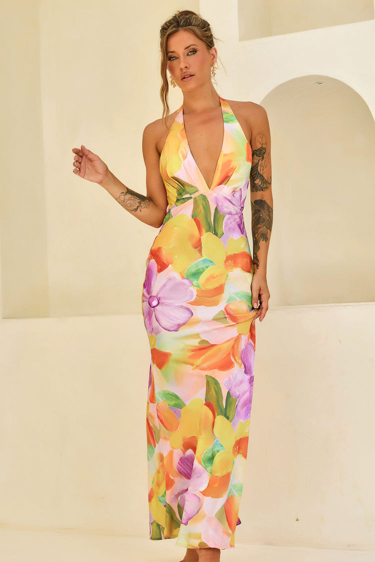 Dream State Satin Maxi Dress - Orange Multi for women