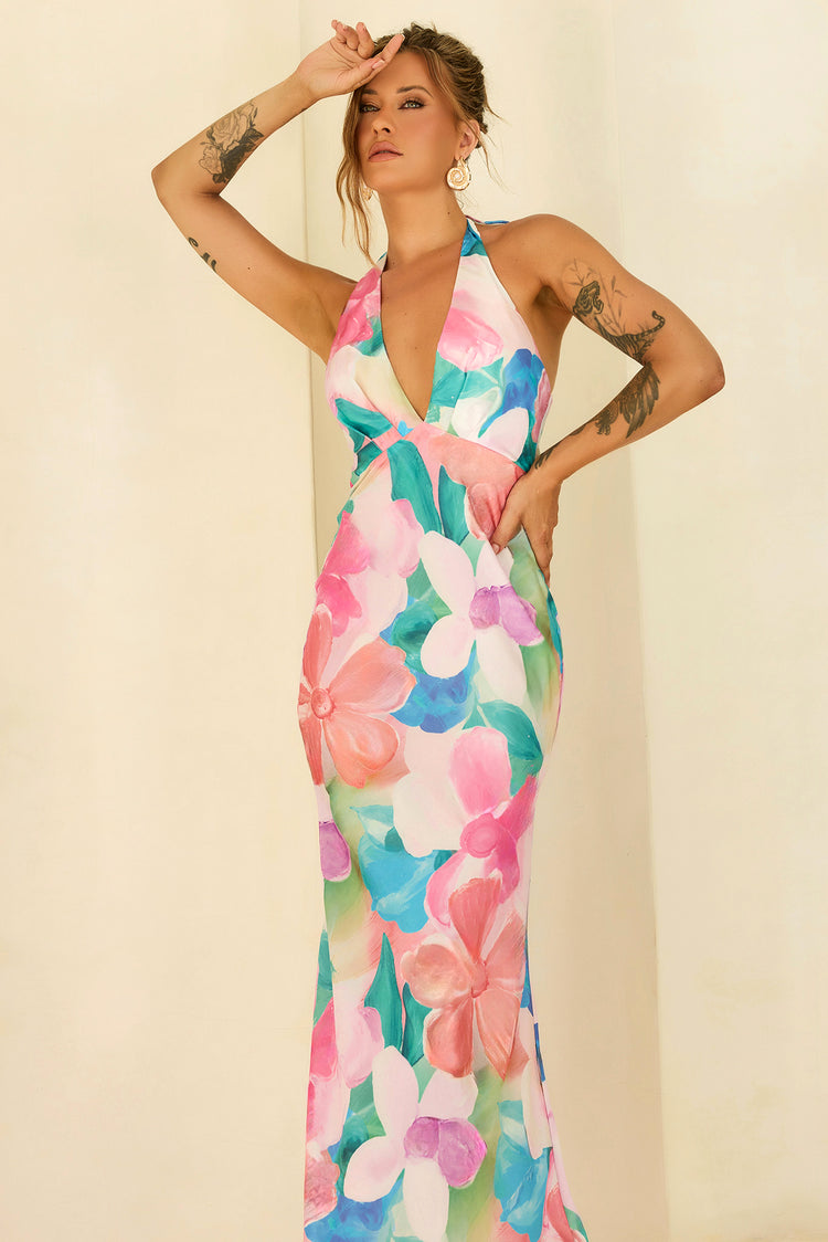 Dream State Satin Maxi Dress - Pink Multi for women