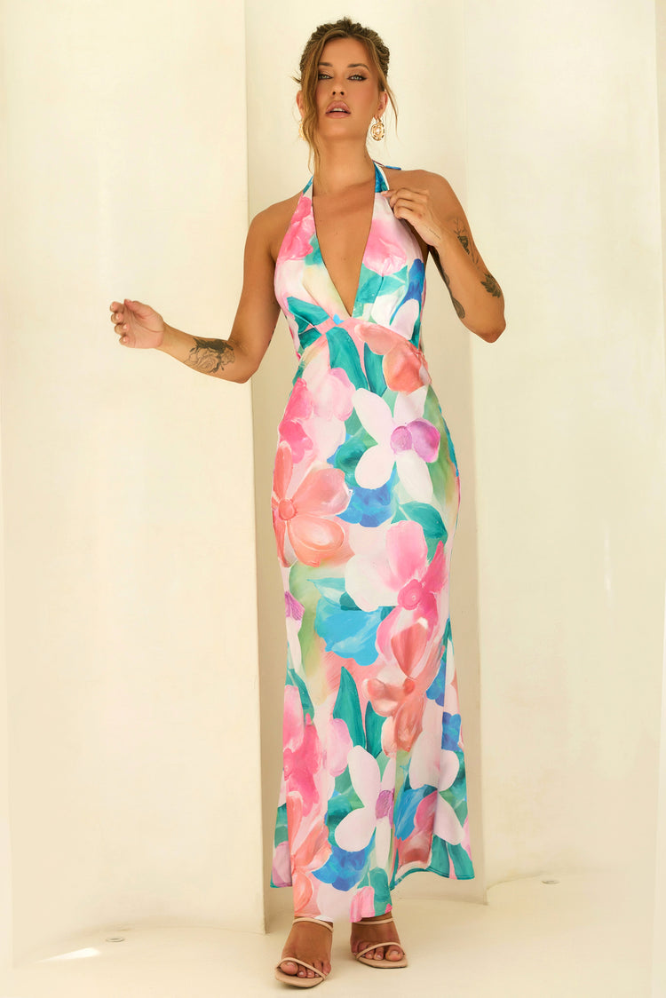 Dream State Satin Maxi Dress - Pink Multi for women
