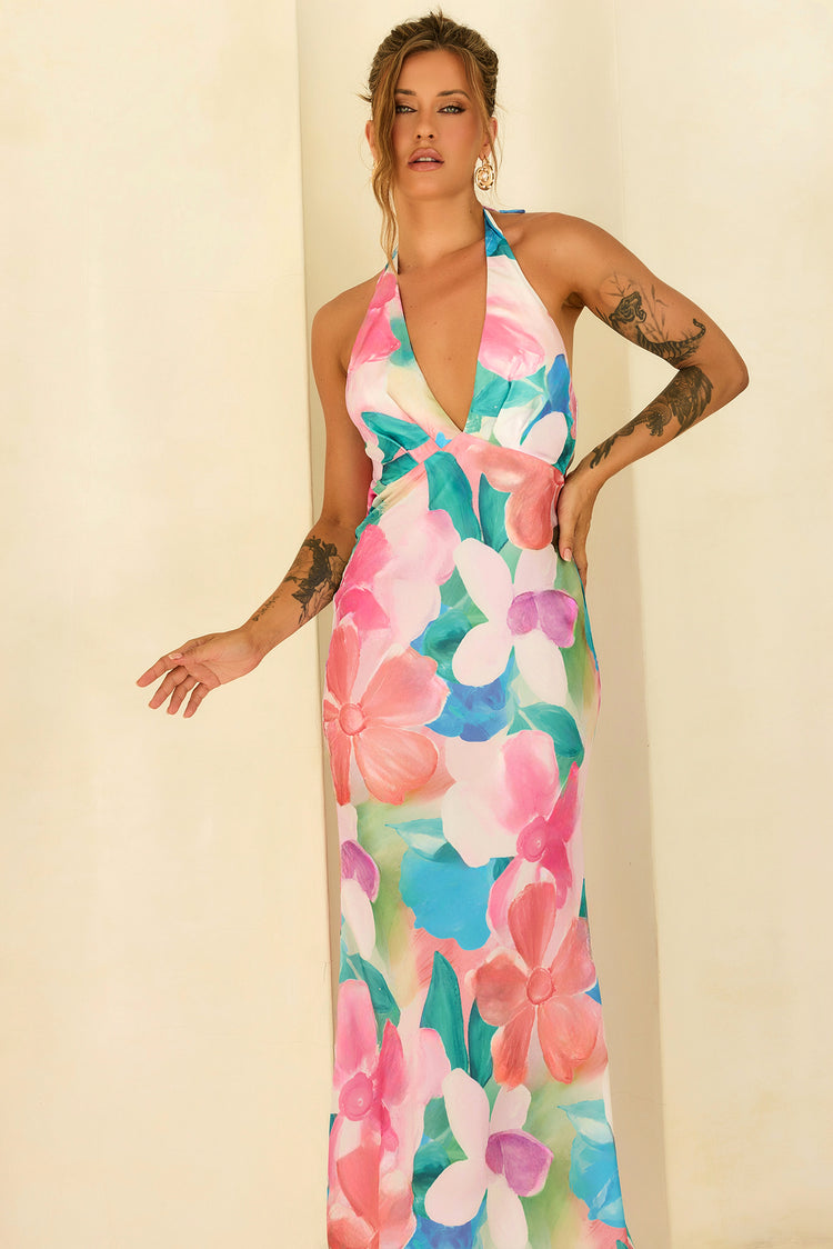 Dream State Satin Maxi Dress - Pink Multi for women
