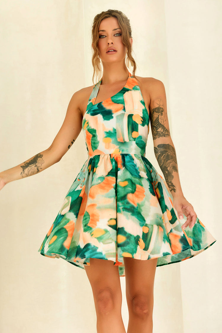 Eden Bloom Halter Woven Mini Dress - Green Multi for women