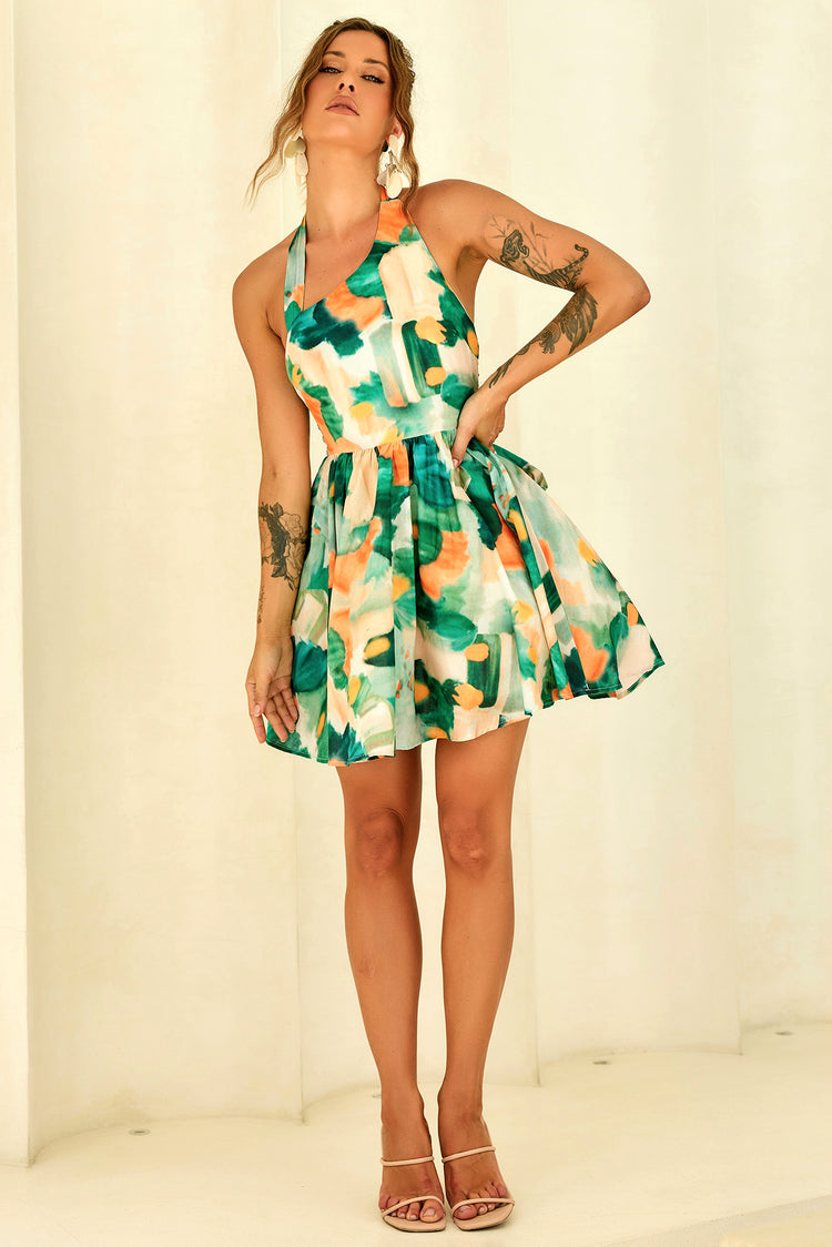 Eden Bloom Halter Woven Mini Dress - Green Multi for women