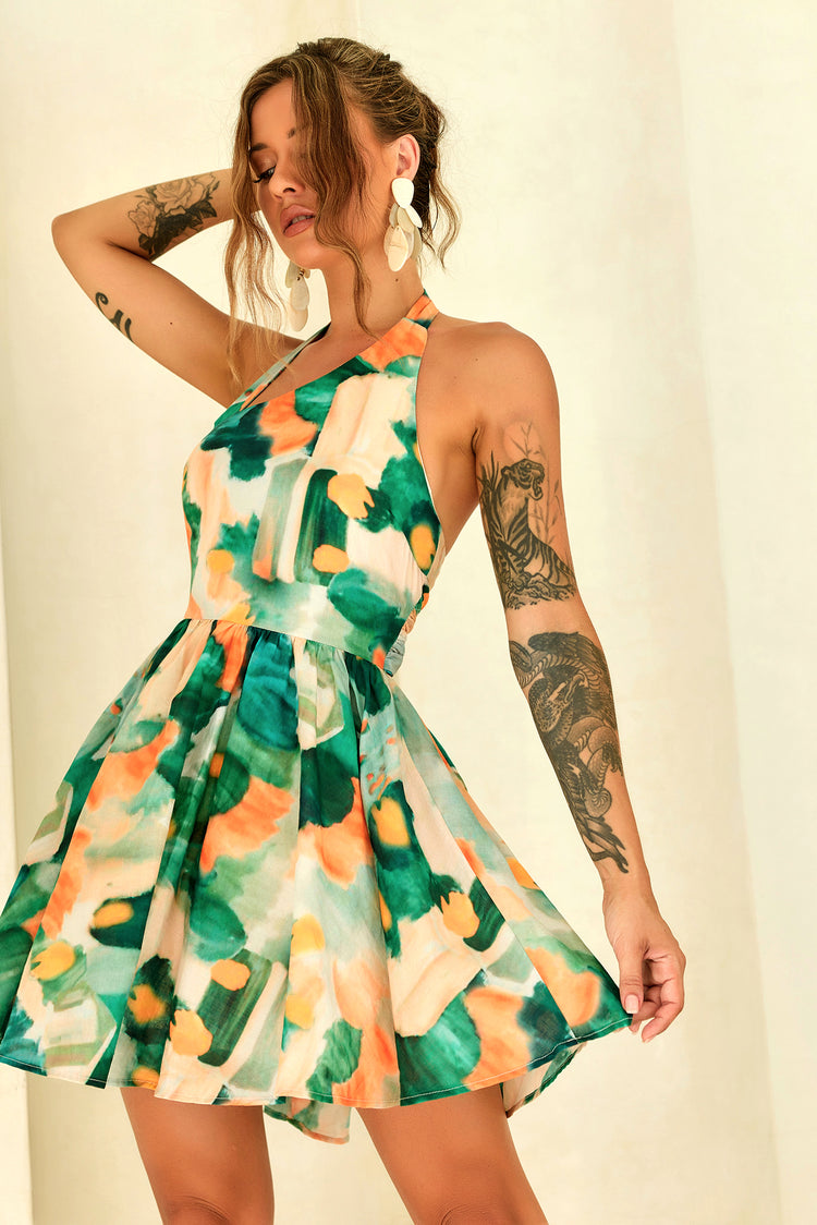 Eden Bloom Halter Woven Mini Dress - Green Multi for women