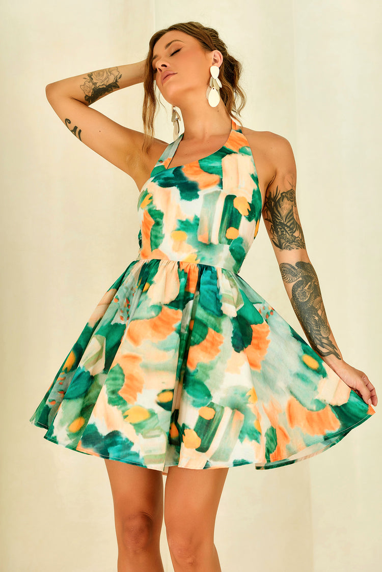 Eden Bloom Halter Woven Mini Dress - Green Multi for women