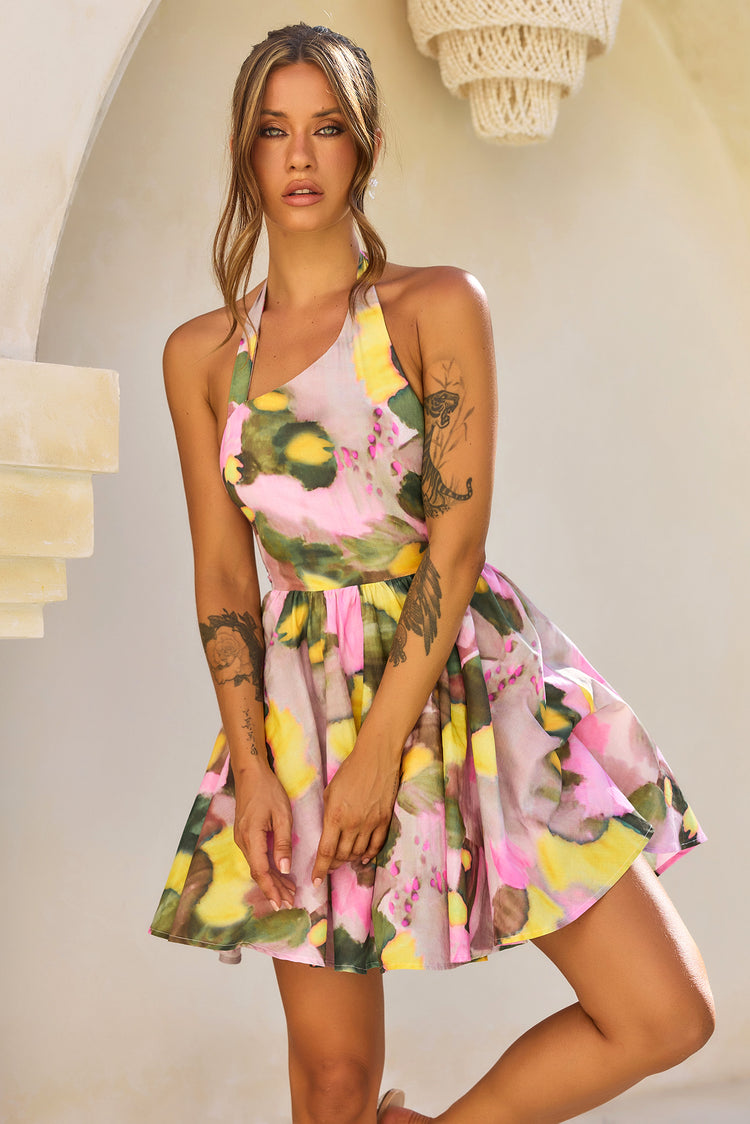 Eden Bloom Halter Woven Mini Dress - Pink Multi for women