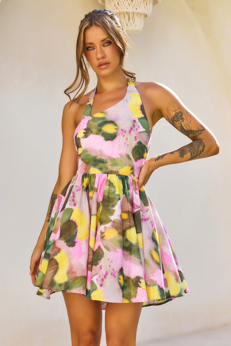 Eden Bloom Halter Woven Mini Dress - Pink Multi for women