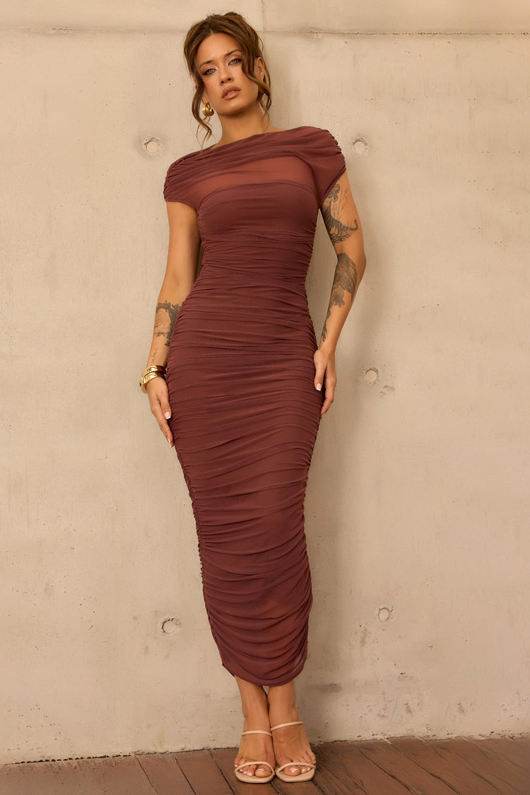 Elysian Mesh Midi Dress - Cocoa for women
