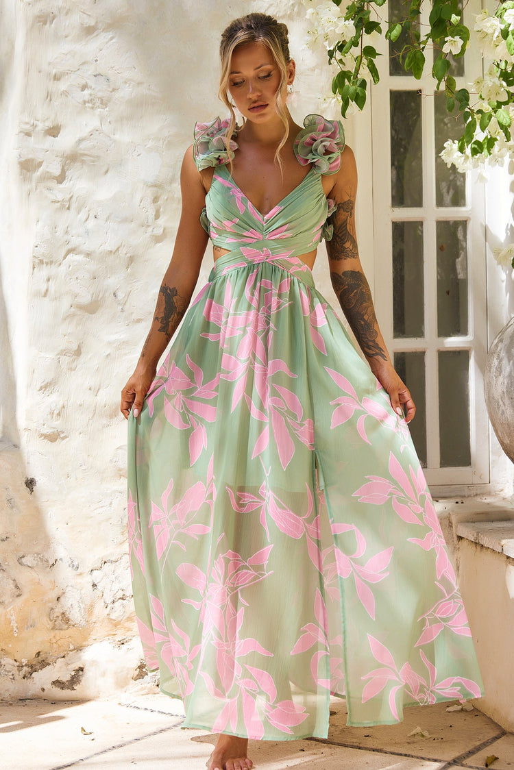 Ethereal Blossom Maxi Dress - Sage Multi for women