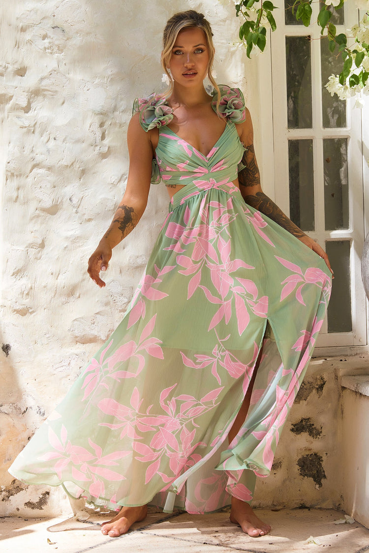 Ethereal Blossom Maxi Dress - Sage Multi for women
