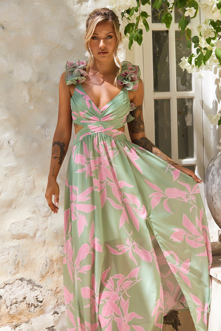 Ethereal Blossom Maxi Dress - Sage Multi for women
