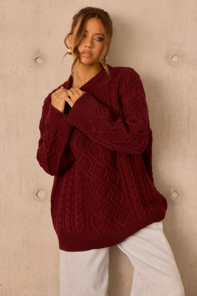 Falling Forward Knit Sweater - Wine for women