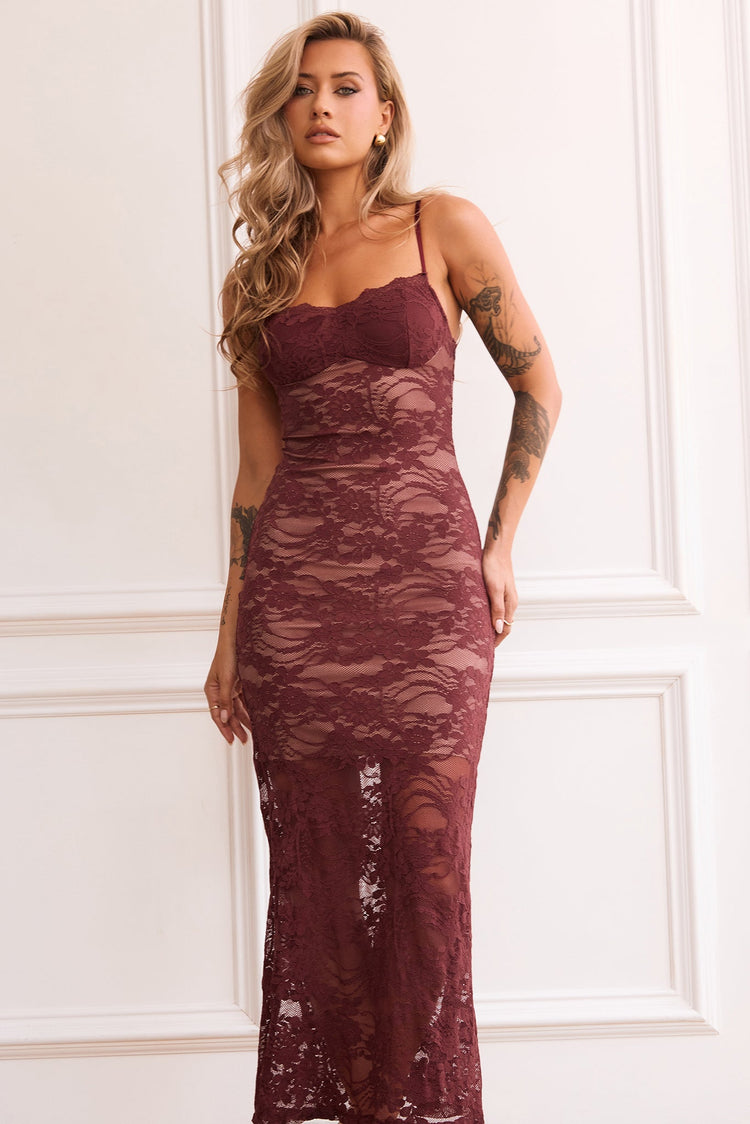 Feel It Still Lace Midi Dress - Wine for women