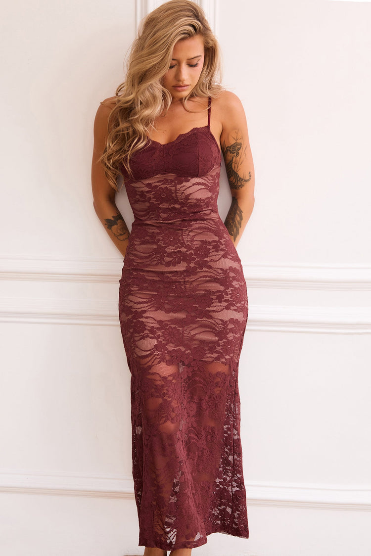 Feel It Still Lace Midi Dress - Wine for women