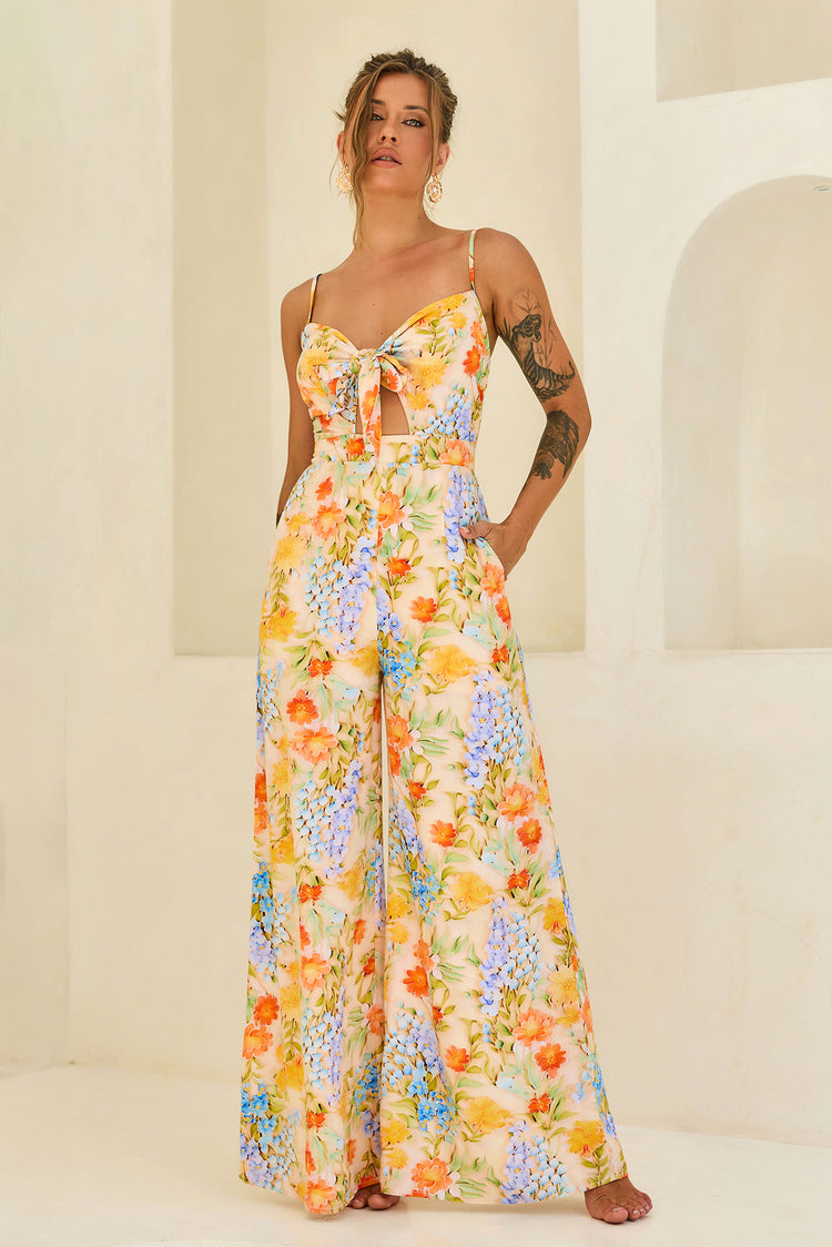 Floral Serenade Rayon Jumpsuit - Yellow Multi for women
