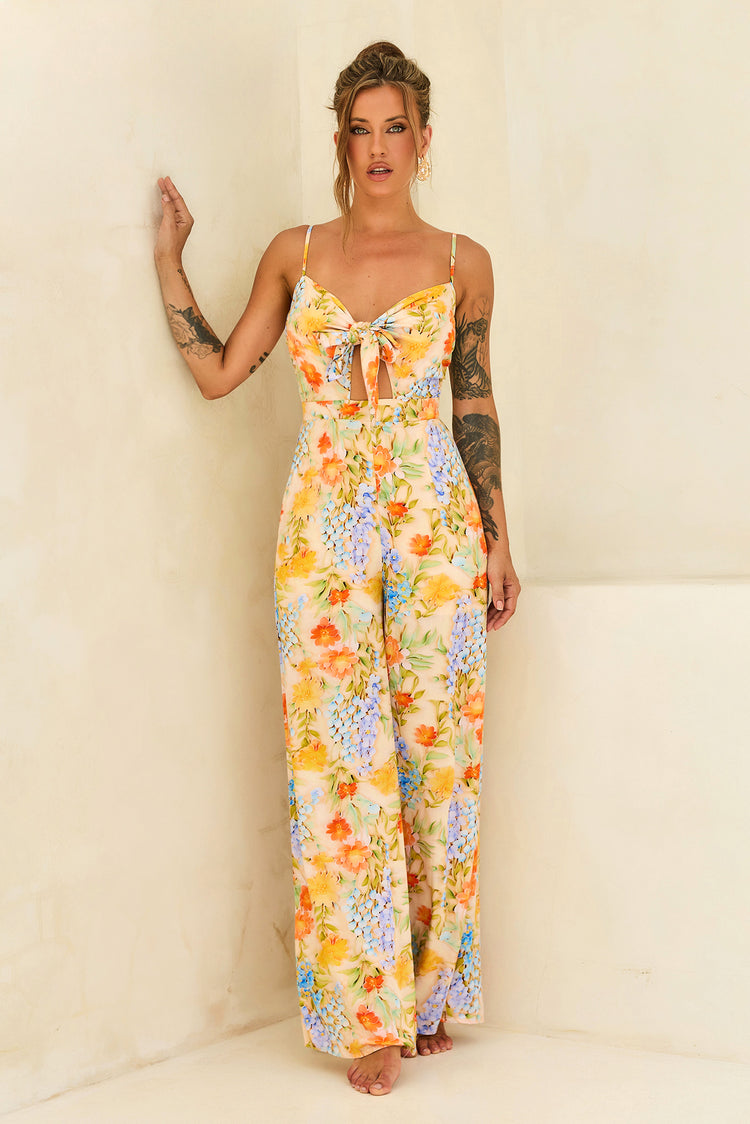 Floral Serenade Rayon Jumpsuit - Yellow Multi for women