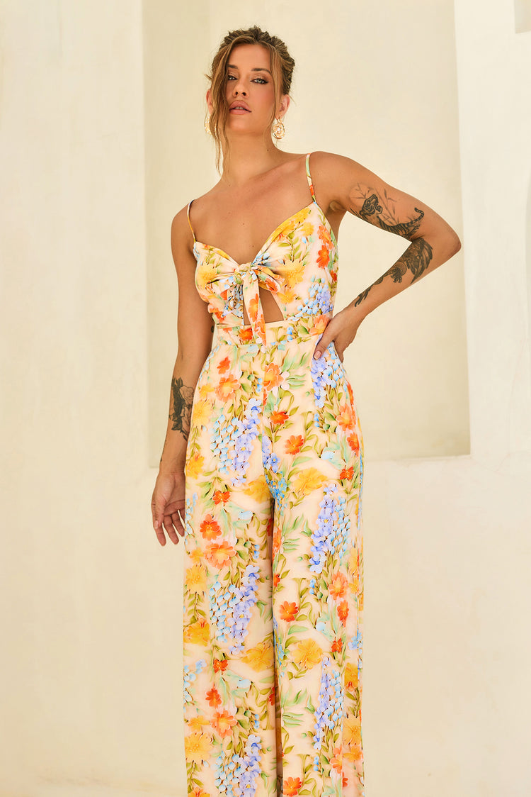 Floral Serenade Rayon Jumpsuit - Yellow Multi for women