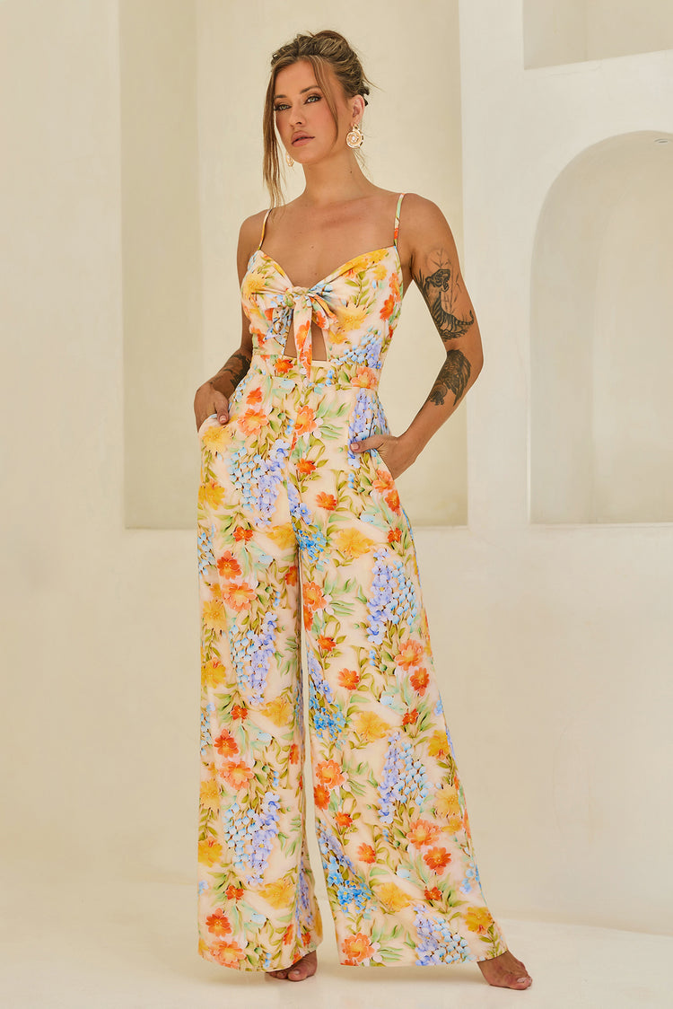 Floral Serenade Rayon Jumpsuit - Yellow Multi for women