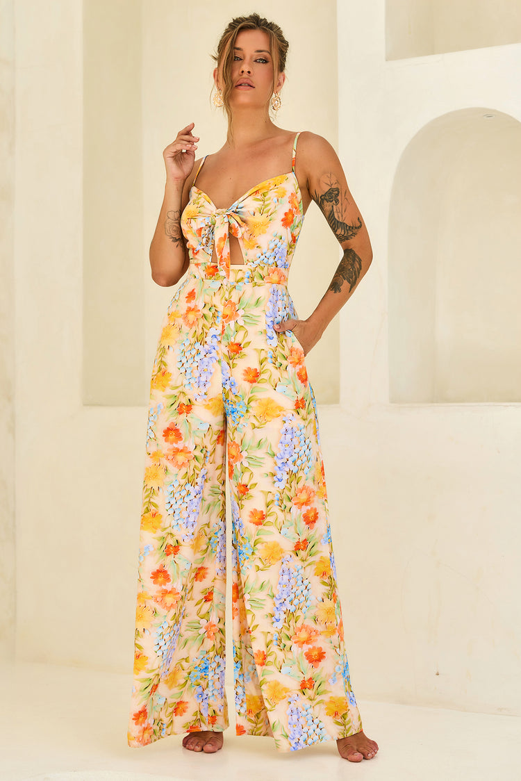 Floral Serenade Rayon Jumpsuit - Yellow Multi for women