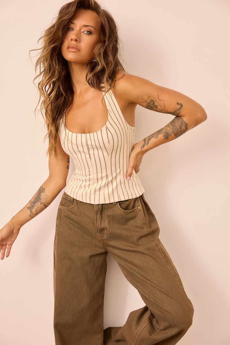 Get My Attention Woven Top - Cream Stripe for women