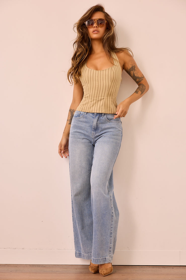Get My Attention Woven Top - Stone Stripe for women