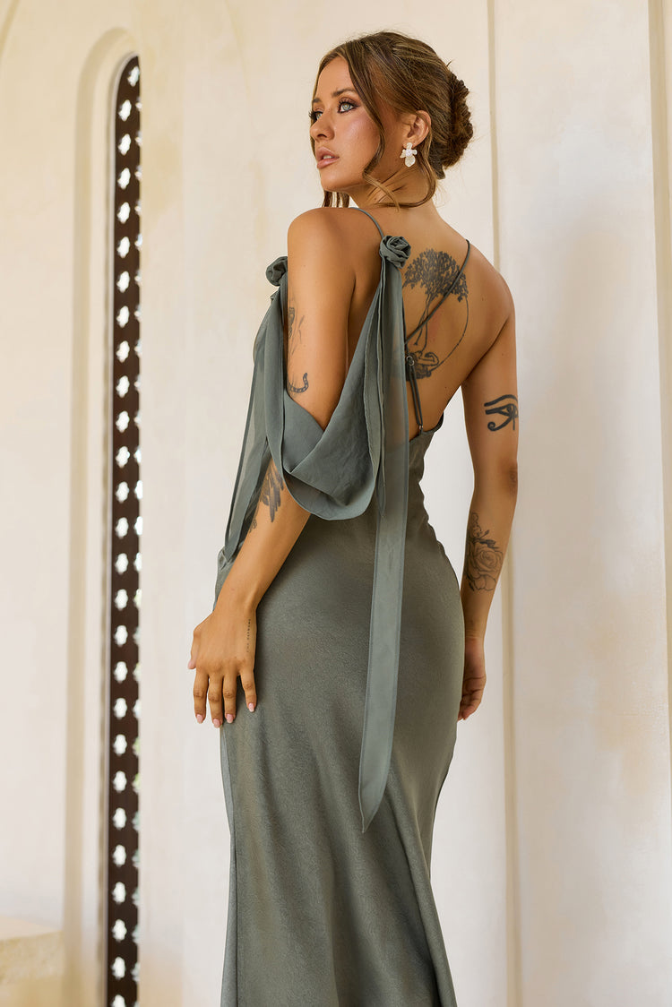 Glow Up Moment Satin Maxi Dress - Olive for women