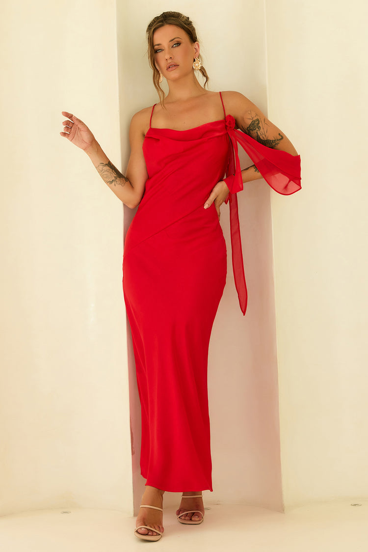 Glow Up Moment Satin Maxi Dress - Red for women