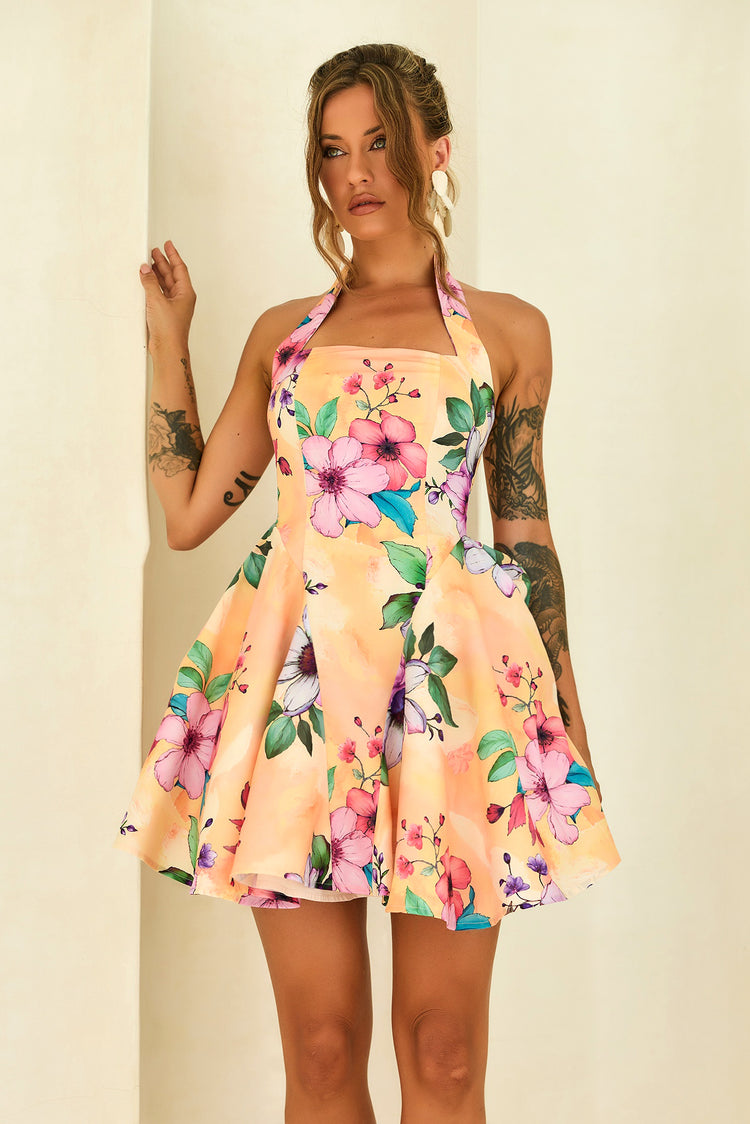 Golden Petal Woven Halter Mini Dress - Yellow Multi for women