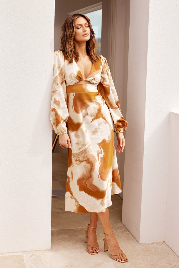 In Full Swing Midi Dress - Brown Multi for women