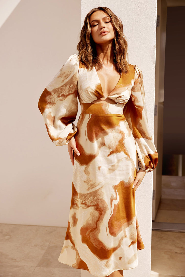In Full Swing Midi Dress - Brown Multi for women