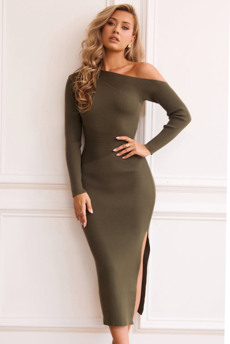Lacy Knit Midi Dress - Olive for women