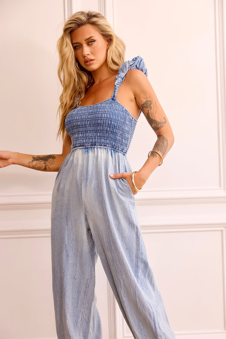 Laters Baby Denim Jumpsuit - Washed Blue for women