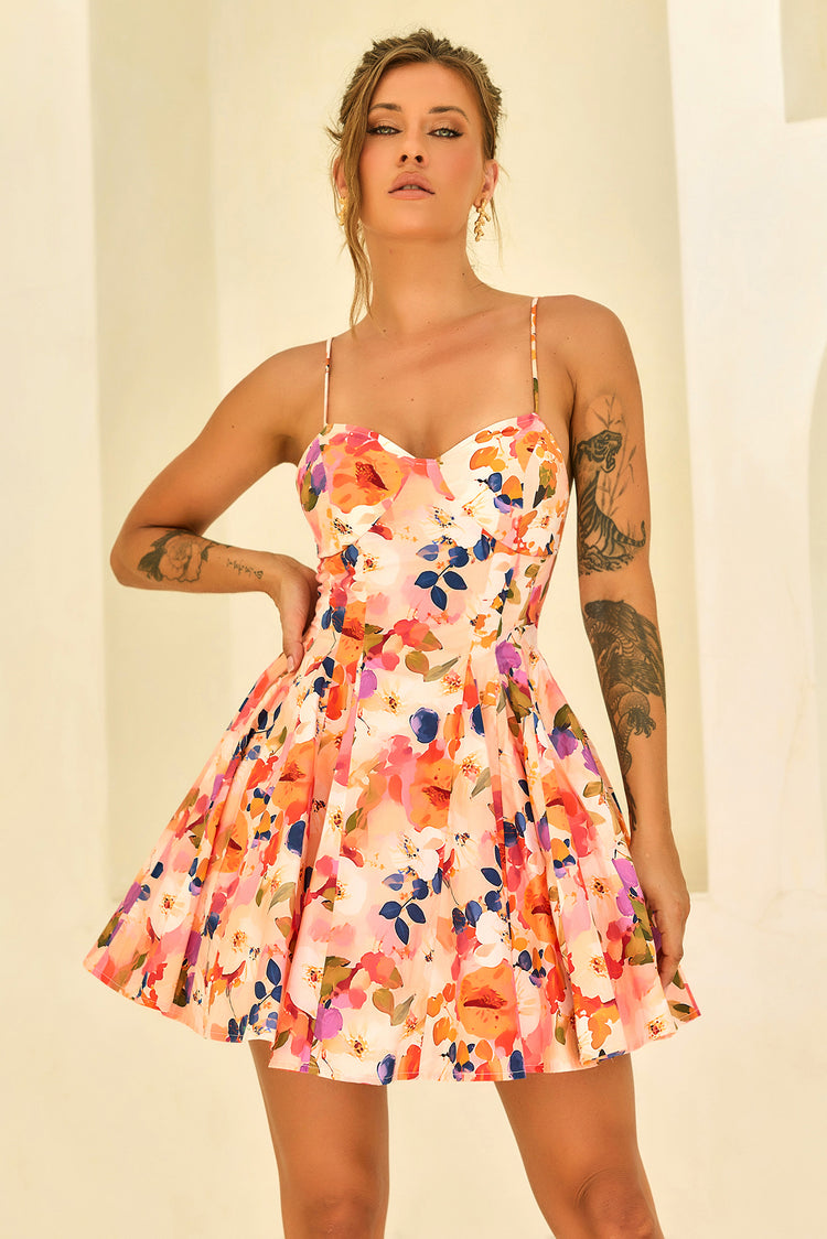 Look Twice Woven Mini Dress - Peach Multi for women