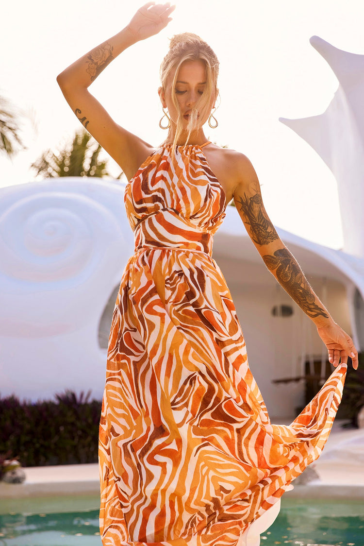 Lorena Orange Maxi Dress with Soft Silhouettes