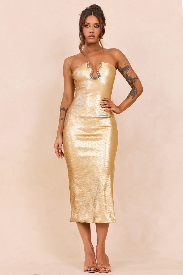 Midnight Siren Sequin Midi Dress - Gold for women