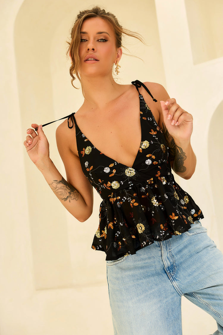 Moonbeam Luxe Sequin Chiffon Top - Black for women