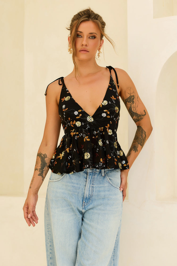 Moonbeam Luxe Sequin Chiffon Top - Black for women