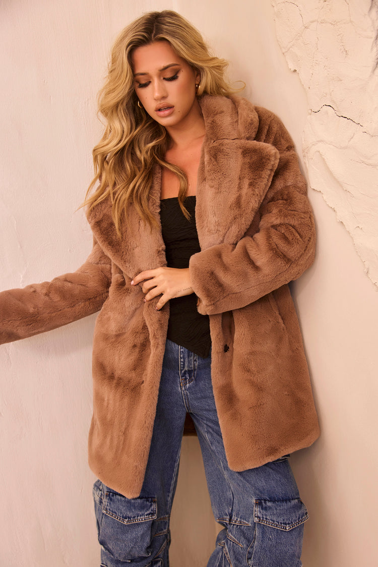 Next In Play Faux Fur Coat - Mocha for women