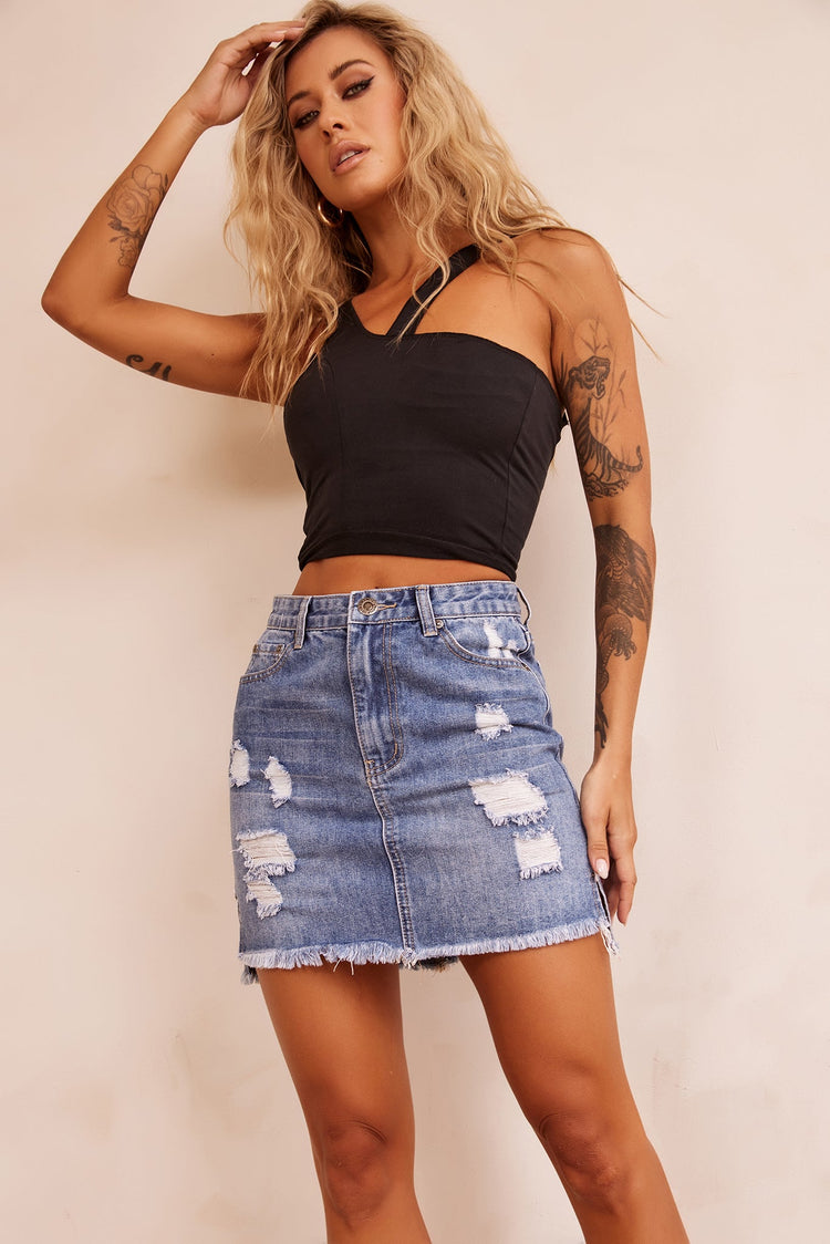No Sense Denim Skirt - Washed Blue for women