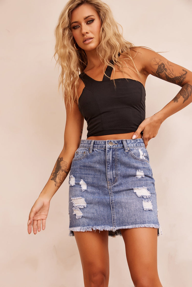 No Sense Denim Skirt - Washed Blue for women