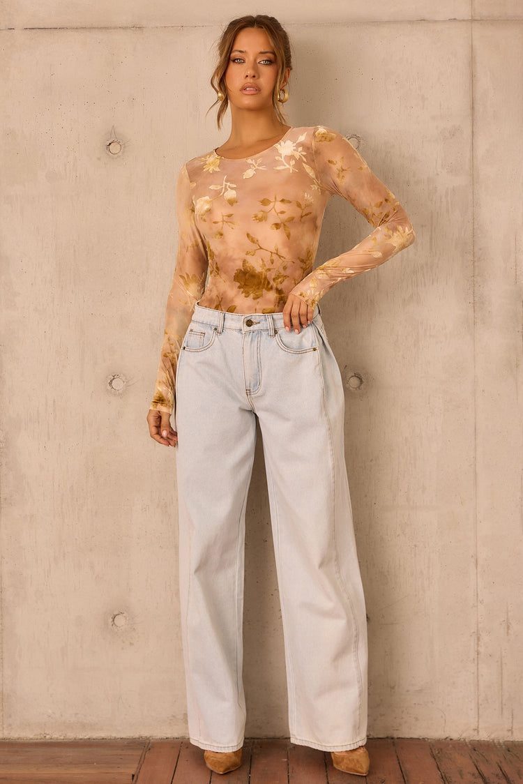 Petal Veil Flocking Mesh Bodysuit - Nude for women