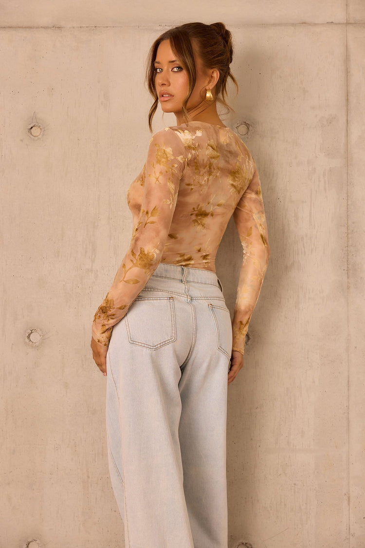 Petal Veil Flocking Mesh Bodysuit - Nude for women
