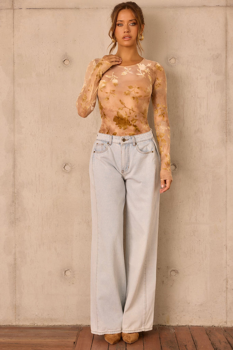 Petal Veil Flocking Mesh Bodysuit - Nude for women