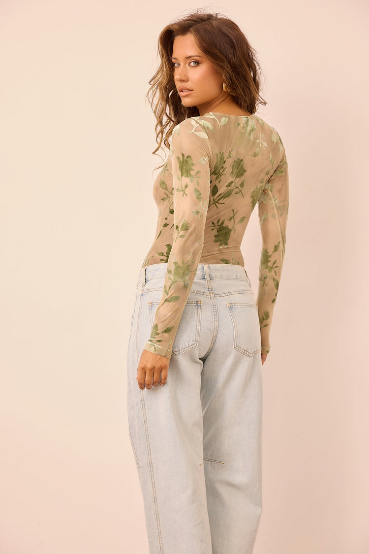 Petal Veil Flocking Mesh Bodysuit - Olive for women