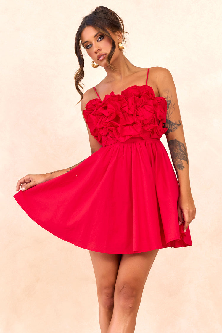 Petal Whirl Cotton Mini Dress - Red for women