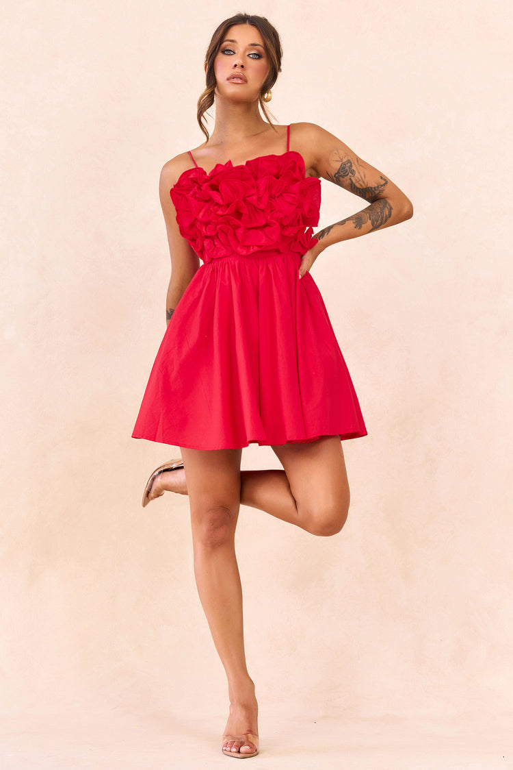 Petal Whirl Cotton Mini Dress - Red for women