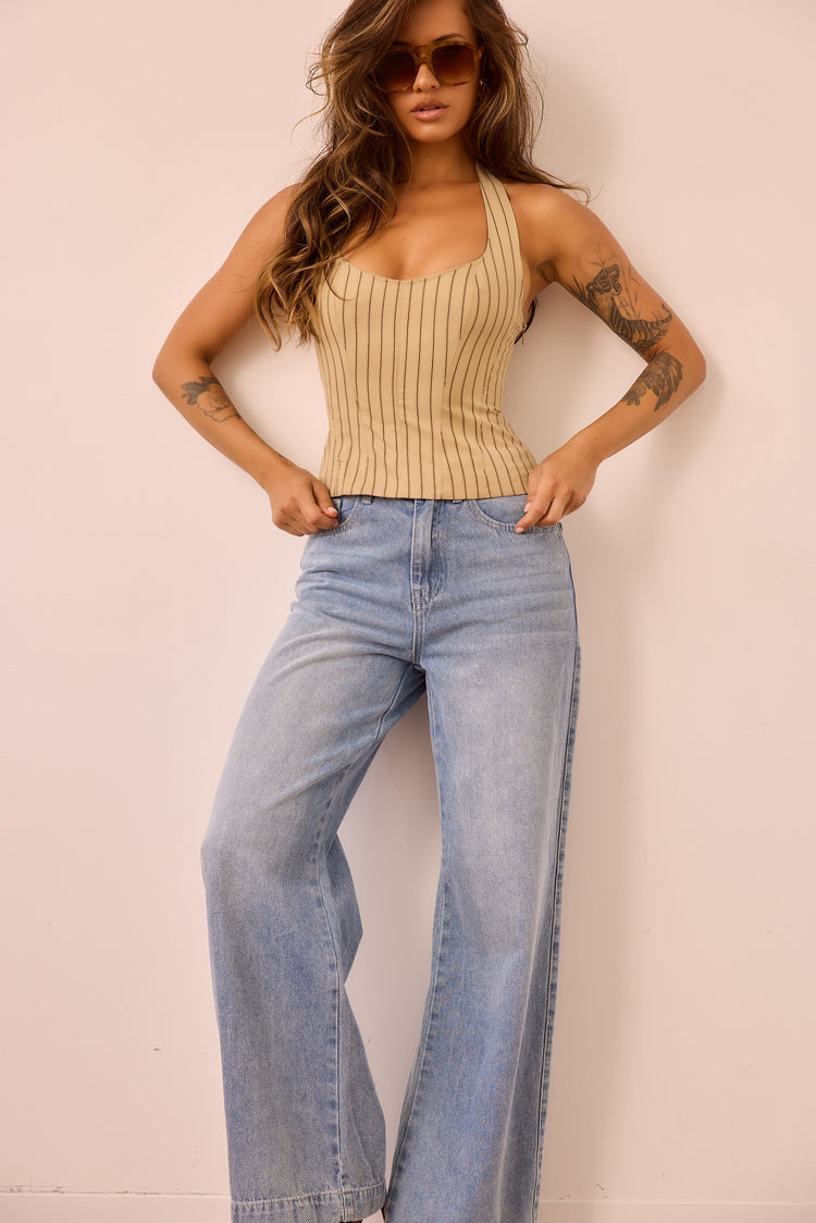 Retro Fade Wide Denim Jeans - Washed Blue for women